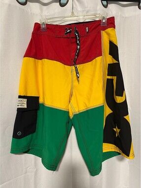 DGK Men's Colorblock Board Shorts in Red Yellow Green 32